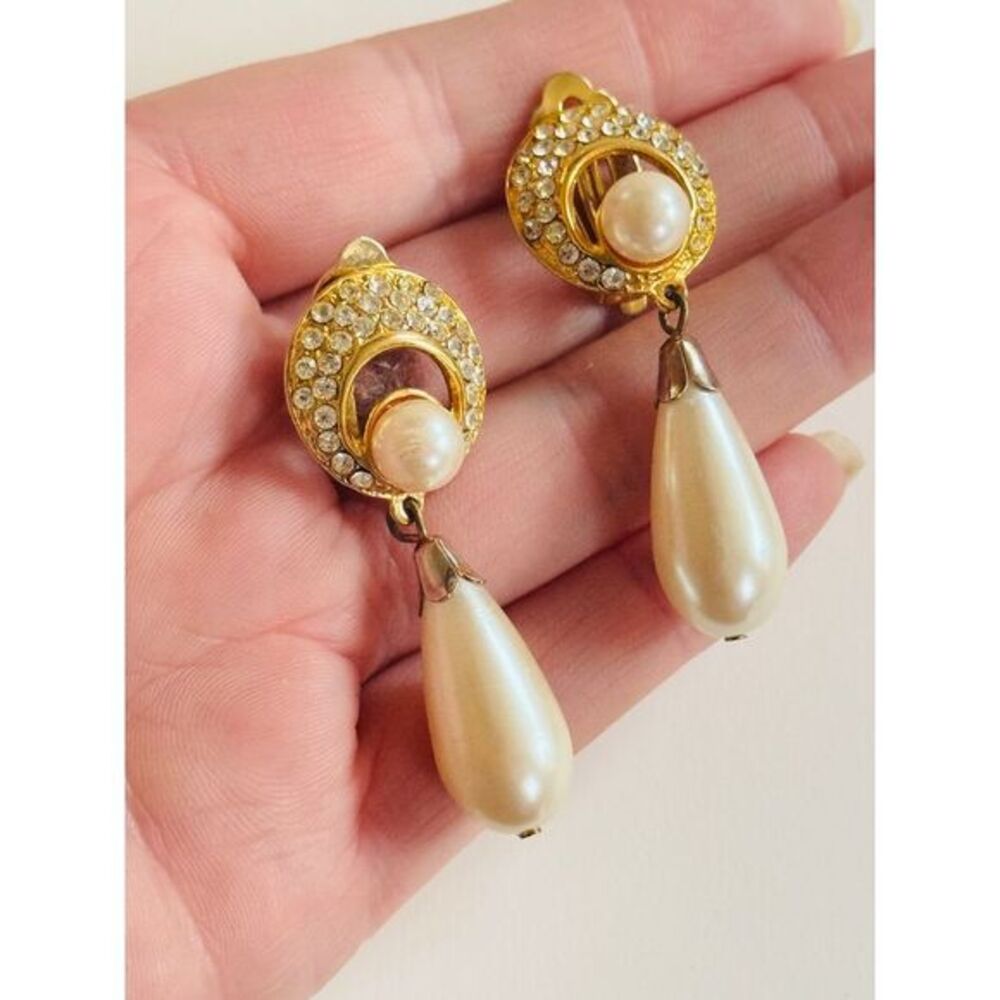 Regal Earrings VTG Clip gold plated Crystal Rhinestone pearl dangle‎ Cabochon
